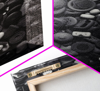 Collection Of Buttons Wall Art, Sewing Room Wall Decor, Black And White, Minimalist Print, Wall Decor, Canvas Print, Wall Art, Framed Canvas