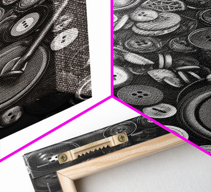 Buttons Wall Decor, Sewing Room, Craft Room, Black And White, Minimalist Print, Wall Decor, Canvas Print, Wall Art, Framed Canvas