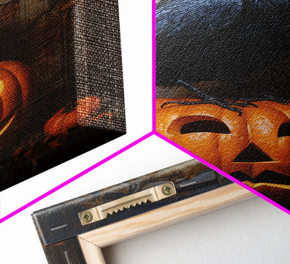 Macabre Crow Atop A Jack O Lantern, Framed Canvas Print, Halloween Decor, Raven Painting, Victorian Oil Painting Print, Macabre Horror Print