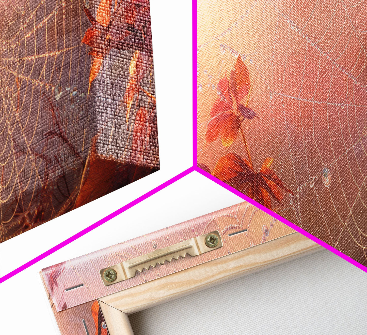 Dew Covered Spiderweb In The Fall, Framed Canvas Print, Autumn Centerpiece, Fall Leaves In The Autumn