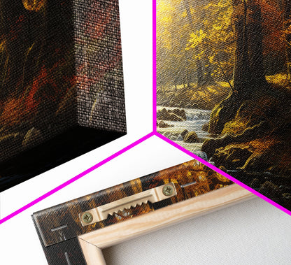 The Forest In The Autumn, Fall Centerpiece, Panoramic Painting Framed Canvas Print, Fall Decor, Orange Leaves Falling In The Forest