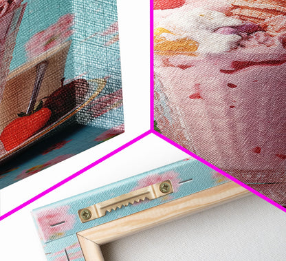 A Strawberry Sunday, Ice Cream Art, Framed Canvas Print, Ice Cream Parlor Decor, Icecream Shop Wall Art, MCM Style Decor, Kitchen decor