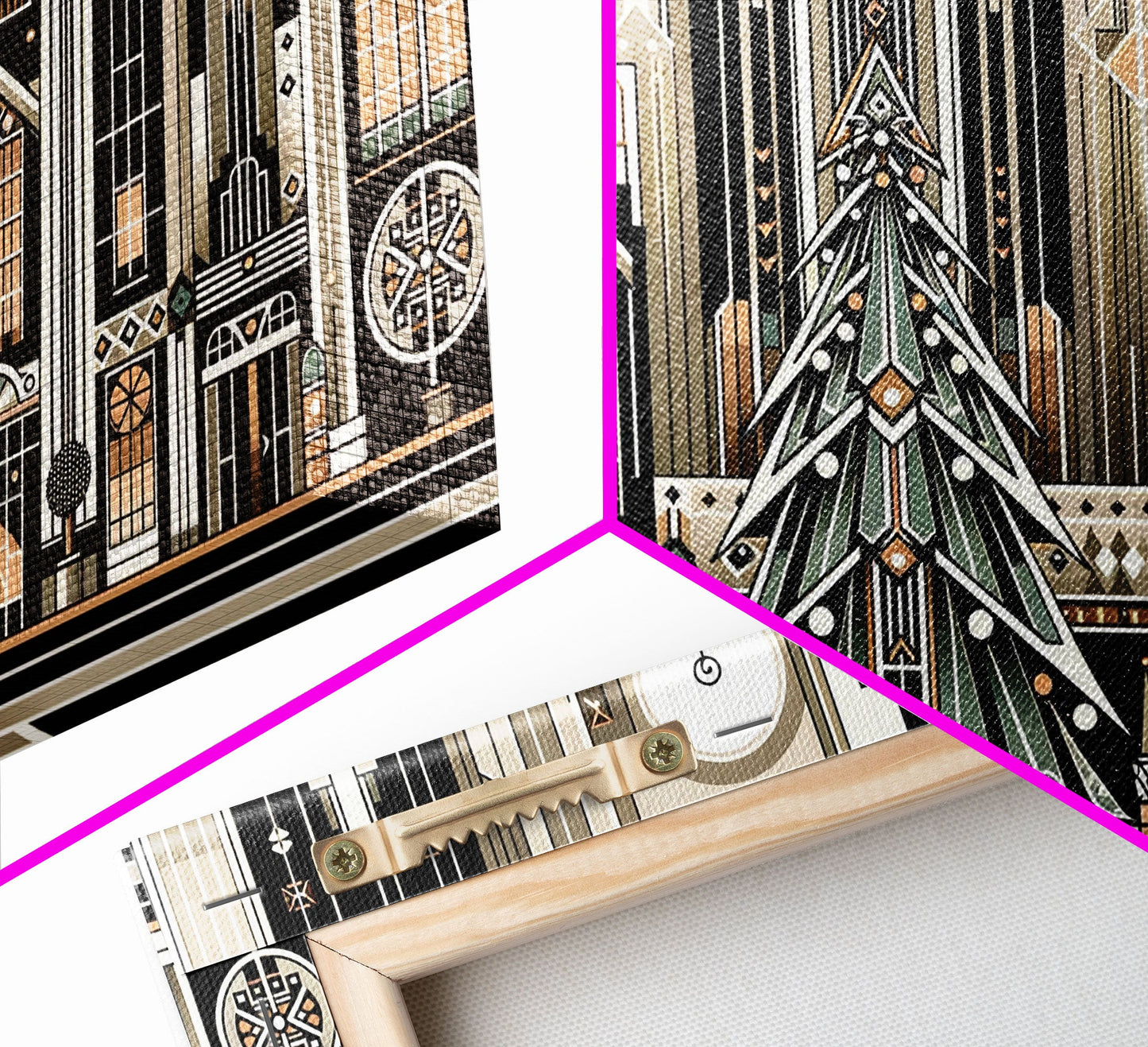 Art Deco Pattern Christmas Village - Framed Canvas Print - Retro Xmas Art - Christmas Decor - Christmas Wall Art - Christmas Art