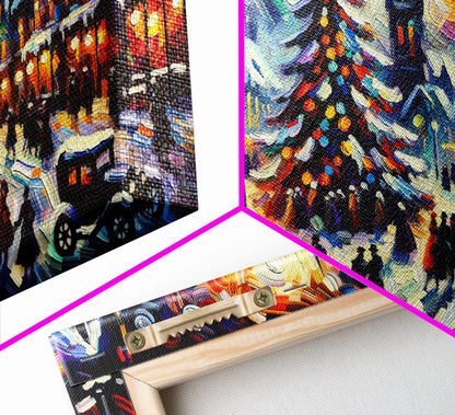 Retro Style Christmas Canvas Print | Framed Canvas Print | Christmas Village | Winter Wonderland | Impasto Style Painting | Seasonal Decor