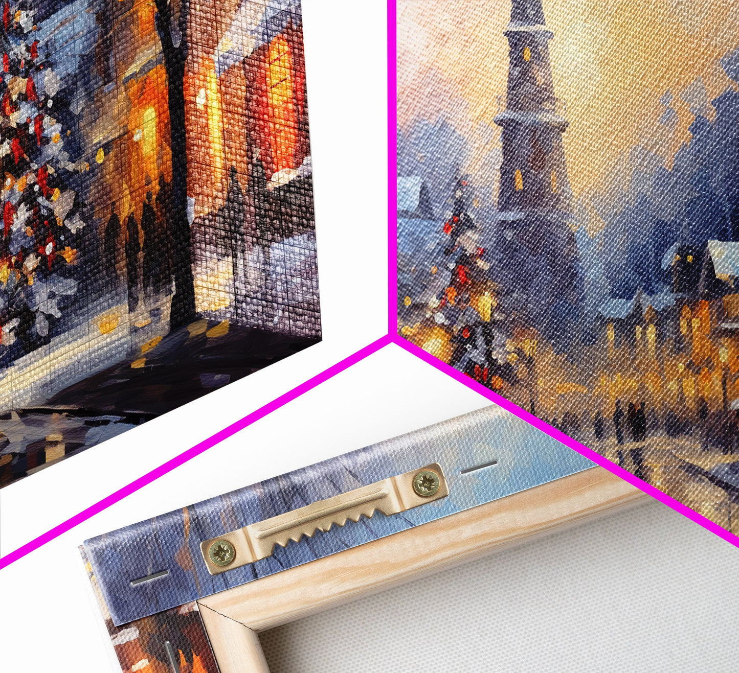 Christmas Centerpiece Wall Art - Framed Canvas Print - Winter Wonderland Victorian Village Decorated for Christmas Canvas Wall Art