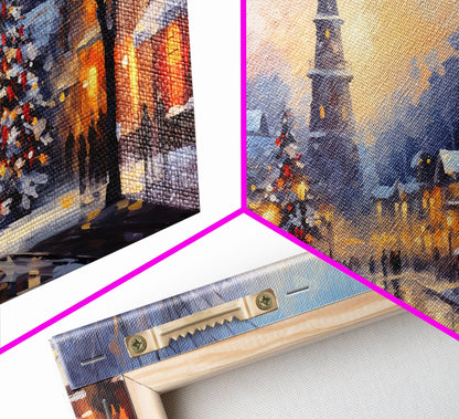 Christmas Centerpiece Wall Art - Framed Canvas Print - Winter Wonderland Victorian Village Decorated for Christmas Canvas Wall Art