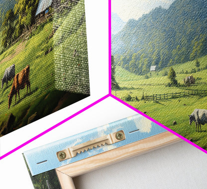 Farmhouse Field Landscape Oil Painting Large Wall Art Canvas Print, Framed Canvas Nature Wall Decor, Rustic Country Landscape Living Room