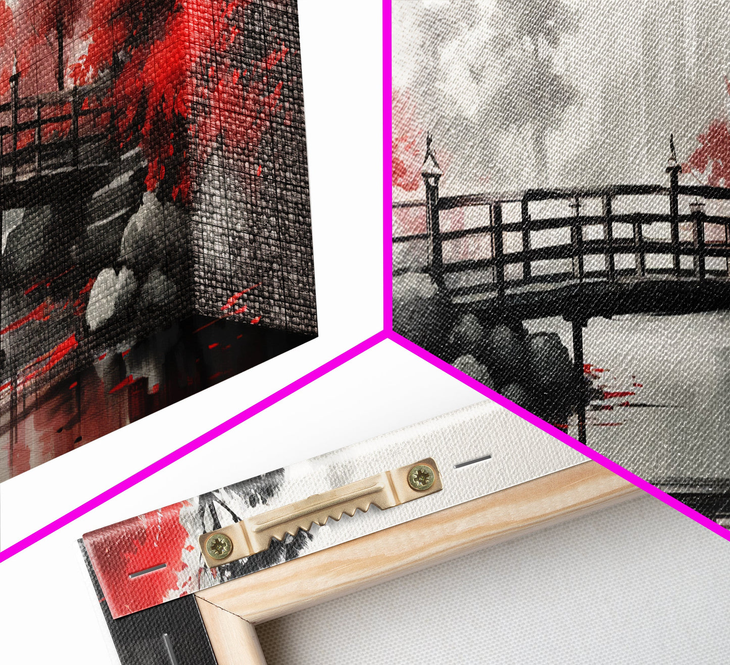 Japanese Hashi Bridge in The Spring, Framed Canvas Print, Japanese Maple Trees Along A Stream, Asian Inspired Art