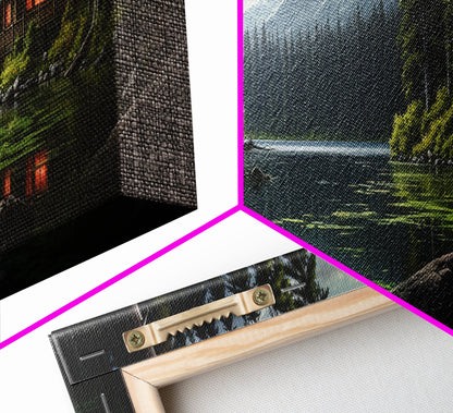 Cozy Cabin on The Lake, Framed Canvas Print, Farmhouse Decor, Landscape Painting, Unique Wall Art