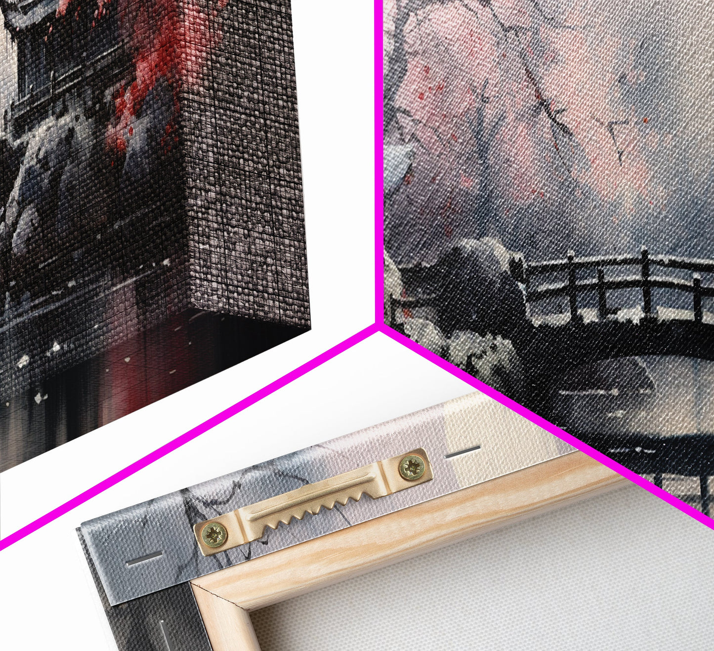 Japanese Hashi Bridge in The Spring, Framed Canvas Print, Japanese Maple Trees Along A Stream, Asian Inspired Artwork