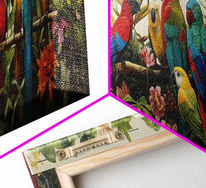 Birds Of Paradise, Parrot Print, Tropical Art, Framed Canvas Print, Beautiful Above Sofa Wall Art, Guest Room Decor