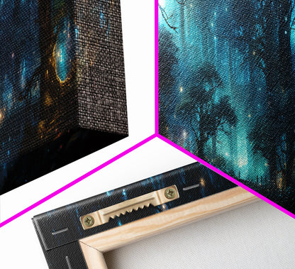 Fantasy Forest Print - Lightning Bugs Light Up The Forest At Night - Framed Canvas Print - Beautiful Fantasy Art - Framed Wall Art Fireflies