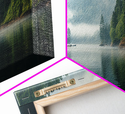 Rustic Nature Landscape Painting Canvas Print | Cozy Forest Canvas Art | Misty Lake & Earth Tones | Farmhouse Cabin Decor