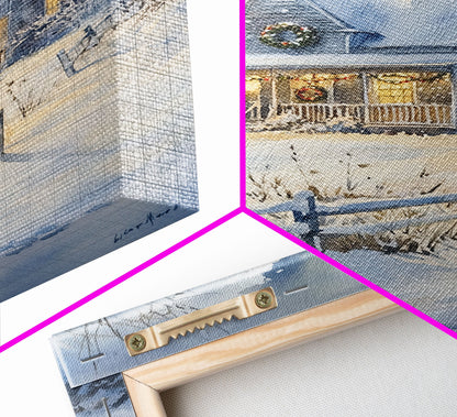 Christmas Cottage Wall Art, Framed Canvas Print, Winter Wonderland Landscape Print