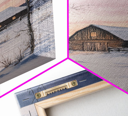 Scheune im Winter, gerahmter Leinwanddruck, Winterlandschaftsdruck, rustikale Weihnachtskunst, Dekoration im Landhausstil