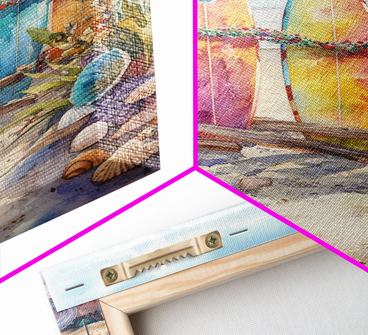 Weihnachts-Surfbretter am verschneiten Strand, gerahmter Leinwanddruck, tropische/maritime Weihnachtskunst oder Geschenkidee, Weihnachtsposter