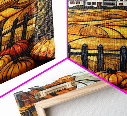 Cozy Fall Farmhouse With Pumpkins Framed Canvas Print Autumn Wall Art Country Farmhouse Decor Best Gift Idea Above Sofa Seasonal Art