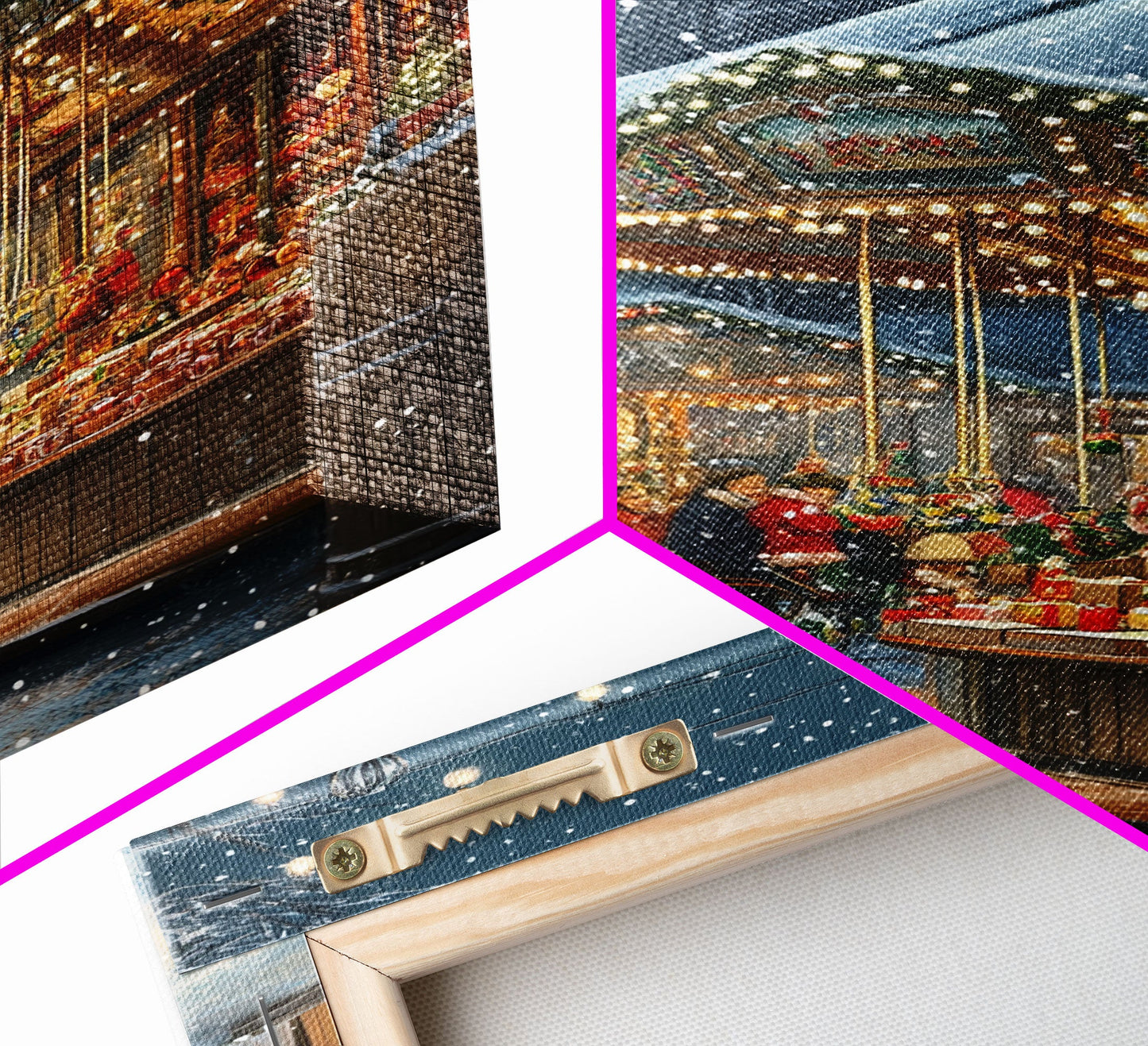 Christmas Carousel at a Snowy Night Market with Festive Lights and Ornaments, Framed Canvas Print for Christmas Wall Decor