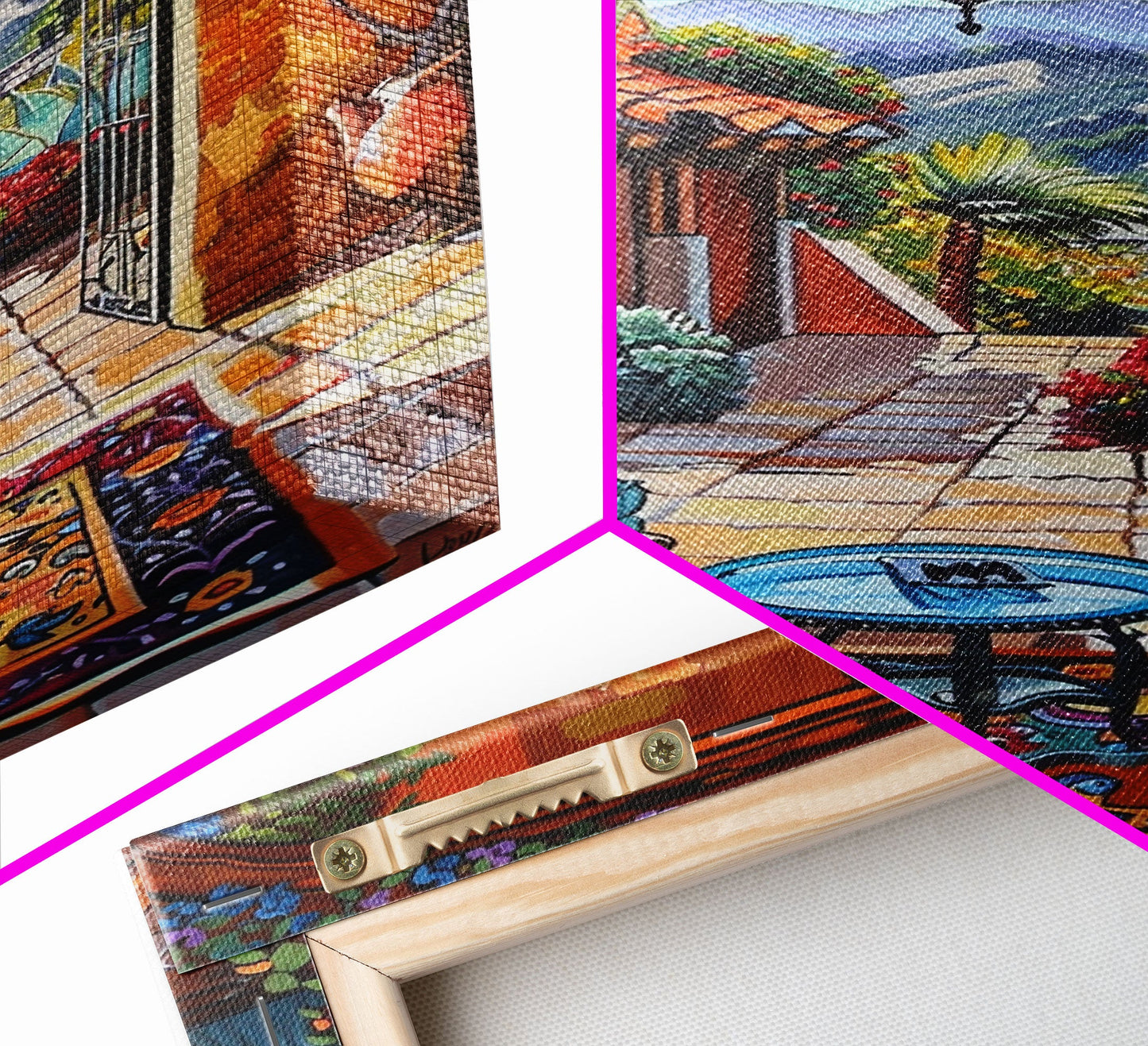 Cozy Southwestern Patio Framed Canvas Print Colorful Courtyard Best Gift Idea Home Decor Bright Seasonal Art Above Sofa Wall Art