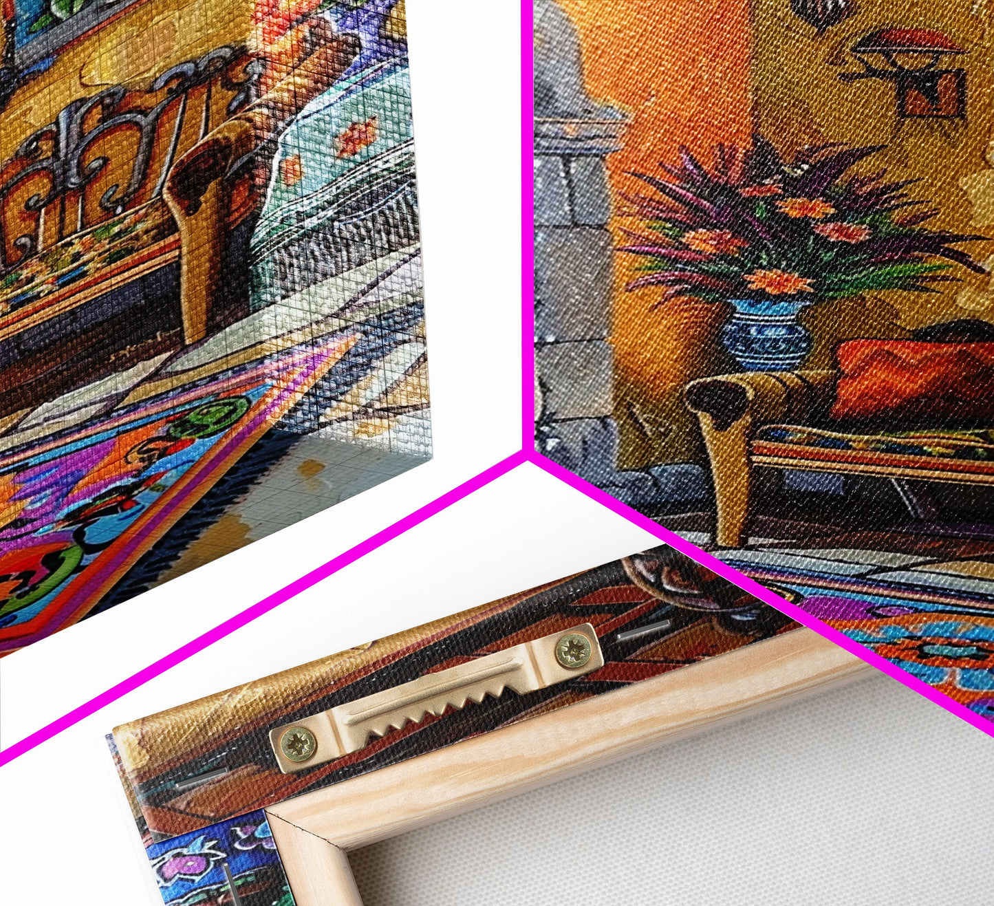 Vibrant Spanish Courtyard Framed Canvas Print Colorful Home Decor Best Gift Bright Seasonal Wall Art Mediterranean Patio Above Sofa Art