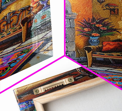 Vibrant Spanish Courtyard Framed Canvas Print Colorful Home Decor Best Gift Bright Seasonal Wall Art Mediterranean Patio Above Sofa Art