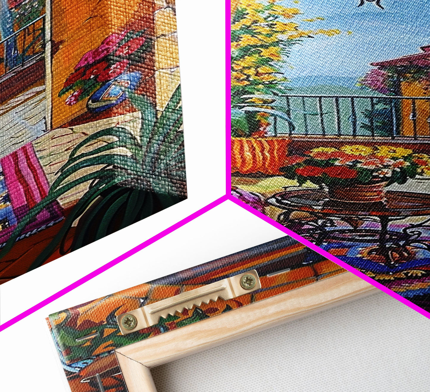 Spanish Villa With Cactus And Flowers Framed Canvas Print Rustic Home Decor Best Gift Idea Bright Courtyard Seasonal Wall Art