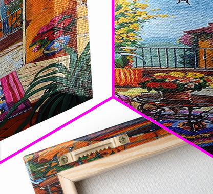 Spanish Villa With Cactus And Flowers Framed Canvas Print Rustic Home Decor Best Gift Idea Bright Courtyard Seasonal Wall Art