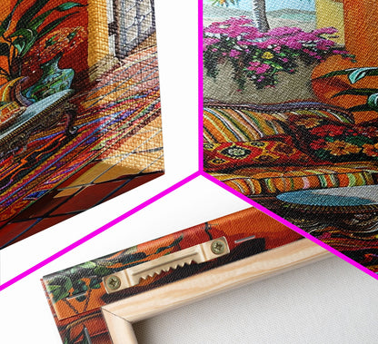 Mediterranean Courtyard Lounge Framed Canvas Print Spanish Style Home Decor Best Gift Bright Seasonal Art Above Sofa Wall Art