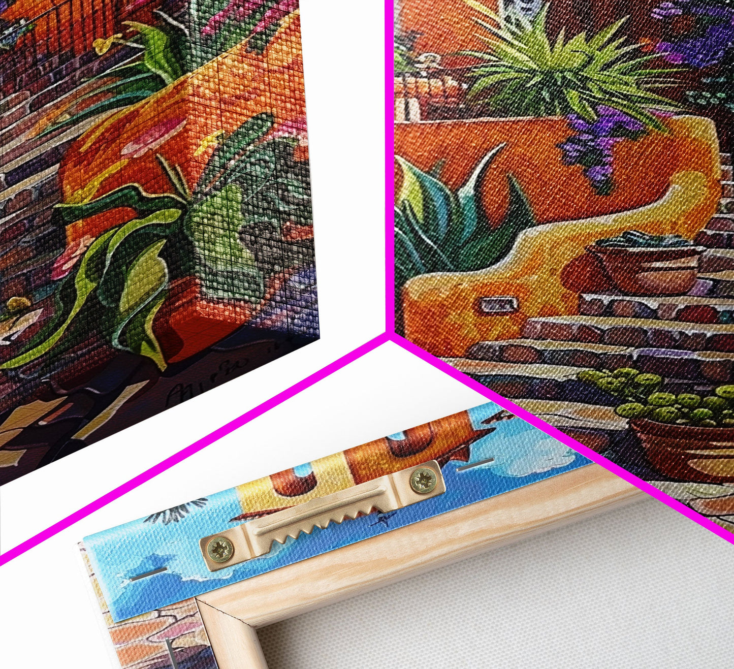 Spanish Mission With Palm Trees And Flowers Framed Canvas Print Colorful Home Decor Best Gift Bright Seasonal Art Above Sofa Wall Art