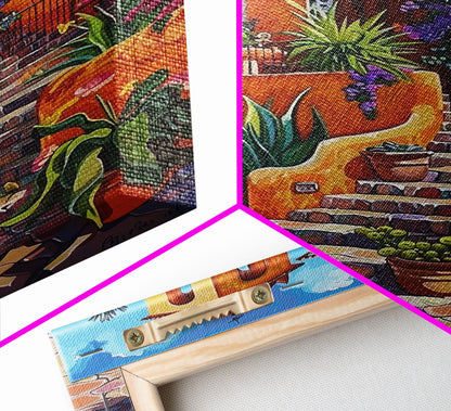 Spanish Mission With Palm Trees And Flowers Framed Canvas Print Colorful Home Decor Best Gift Bright Seasonal Art Above Sofa Wall Art