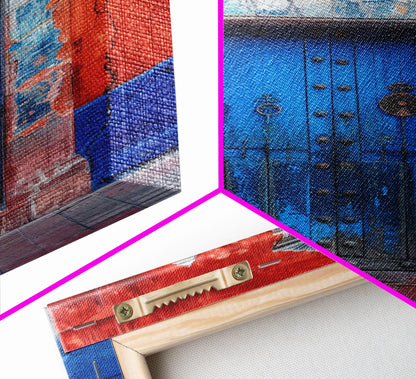 Tall Art Framed Canvas Print Of Mexican Style Blue Door And Red Walls With Vibrant Flowers