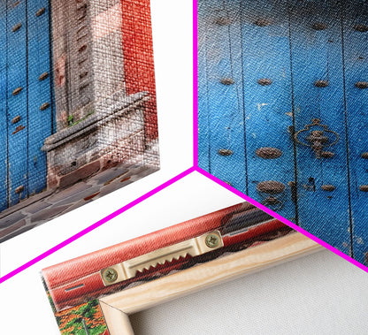 Traditional Mexican Style Rustic Blue Door Tall Art Framed Canvas Print Featuring Detailed Architecture