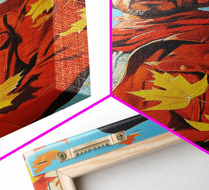 Autumn Cowboy Holiday Decor Framed Canvas Print with Leaves, Colorful Seasonal Wall Art Gift Idea 2024