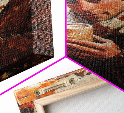 Cowboy mit Kaffeetasse im Herbst – Gerahmter Leinwanddruck – Herbstliche Wanddekoration im Landhausstil 2024 – Rustikale Wohndeko und Geschenkidee