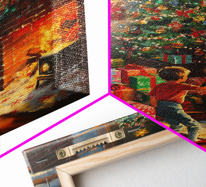 Children Hanging Stockings By The Fireplace Framed Canvas Print Tall Art With Christmas Tree, Nostalgic Christmas Wall Art Holiday Decor