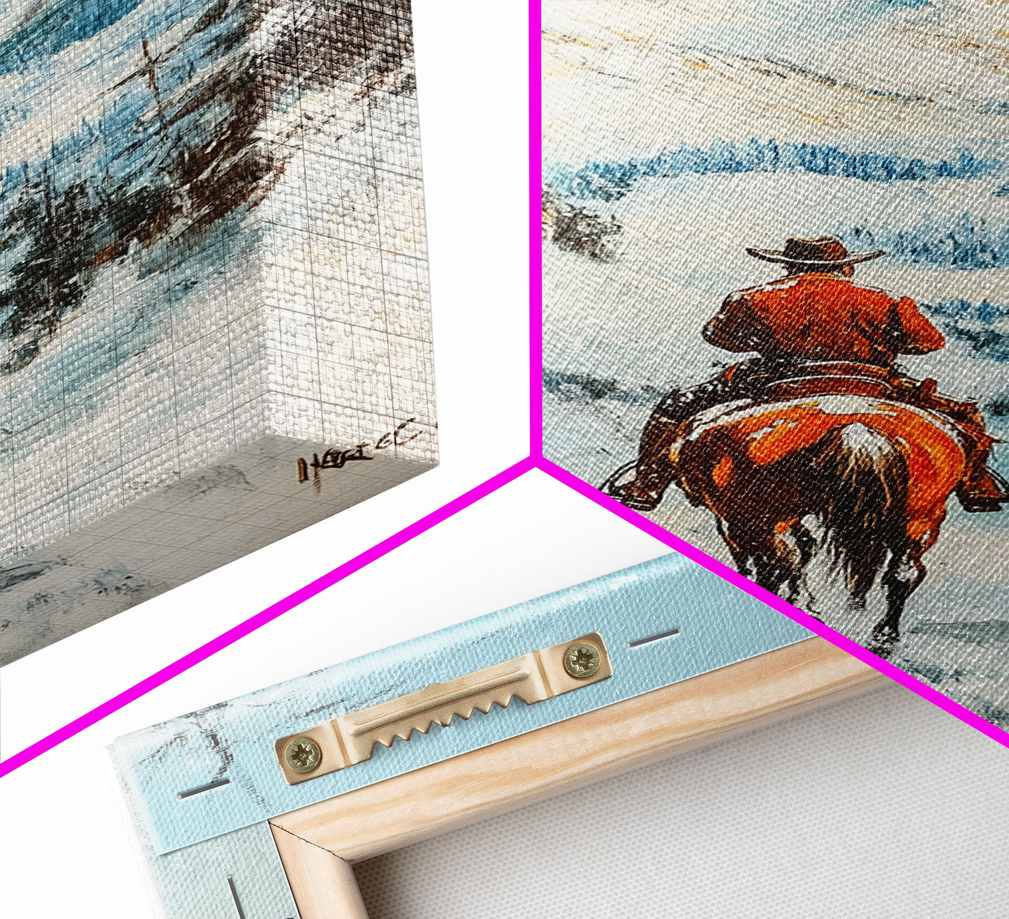 Cowboy reitet durch verschneite Berge – Gerahmter Leinwanddruck – Weihnachtswandbild – Winterwunderland-Dekoration – Saisonale Wanddekoration – Geschenkidee zu Weihnachten