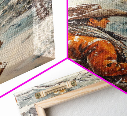 Cowboy in Snowy Orchard Canvas Print with Frosty, Christmas Wall Art Gift, Seasonal Decor, Winter Wonderland, Holiday Decor, Canvas Print