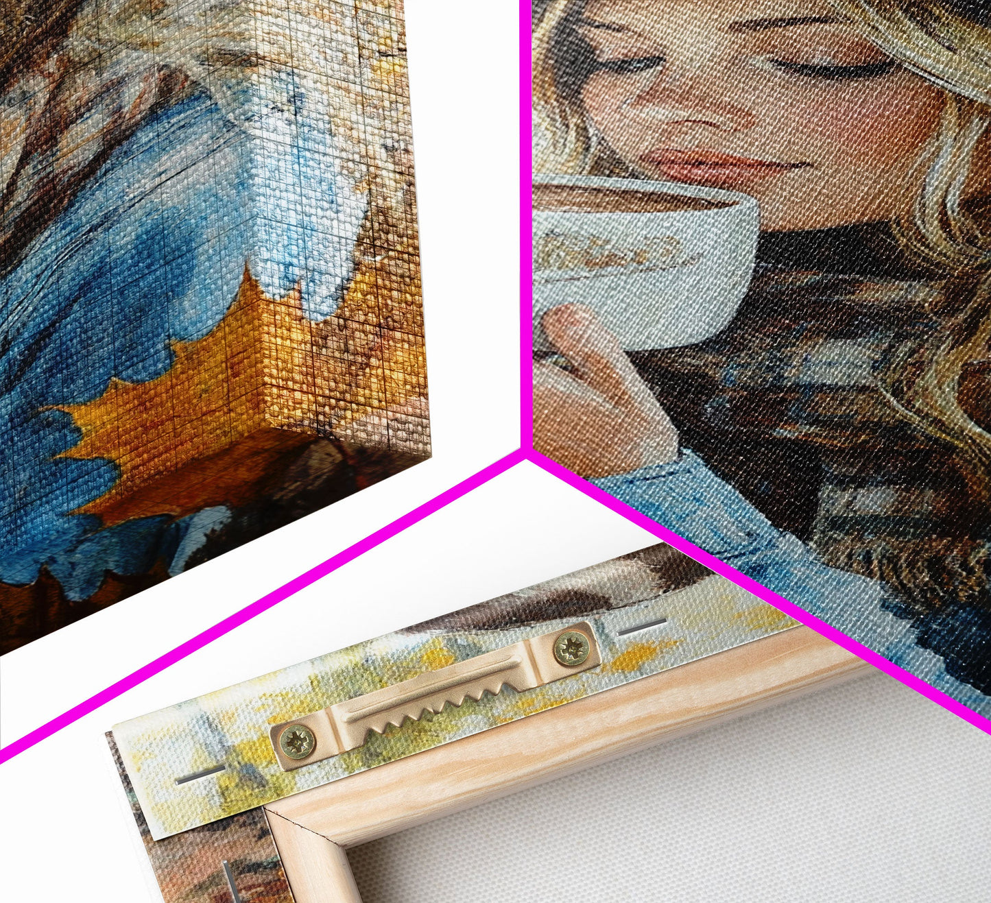 Fall-themed farmhouse framed canvas print a woman with coffee amidst autumn leaves ideal harvest home decor or seasonal wall art gift idea