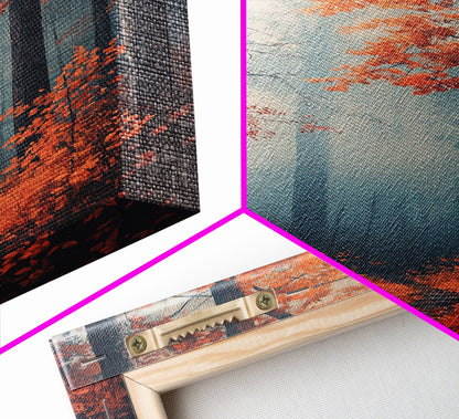 Framed Canvas Print of Misty Autumn Forest with Vibrant Red Leaves, Seasonal Wall Art, Modern Farmhouse, Gift Idea, Fall Landscape Art