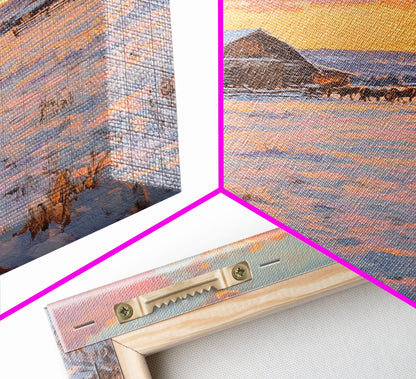 Sunset Over Snowy Ranch Framed Canvas Print Winter Wonderland Scene With Cabin In Snow Christmas Home Decor And Winter Landscape Art