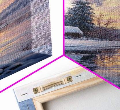 Cabin In Snowy Forest Framed Canvas Print Wall Art Winter Landscape Decor, Cozy Christmas Art Gift, Rustic Winter Wonderland Art