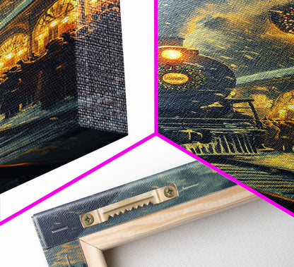 Nostalgic Christmas Train Station Scene in Snowy Winter Night, Ideal for Holiday Decor, Framed Canvas Print