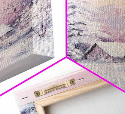 Pink Snowy Cabin Landscape Framed Canvas Print Wall Art Winter Wonderland Decor, Christmas Art Gift, Rustic Winter Scene Art