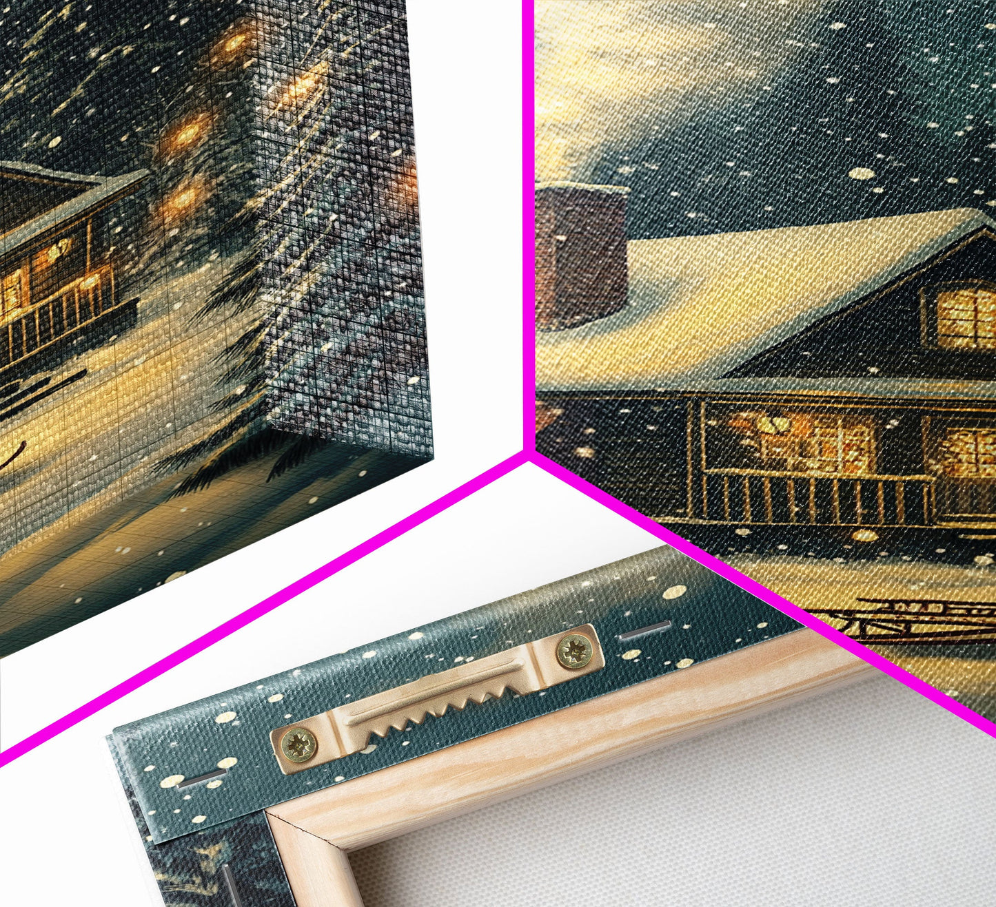 Cozy Cabin in Snowy Winter Forest, Warm Christmas Lights and Peaceful Holiday Scene, Perfect for Winter Wall Art, Framed Canvas Print