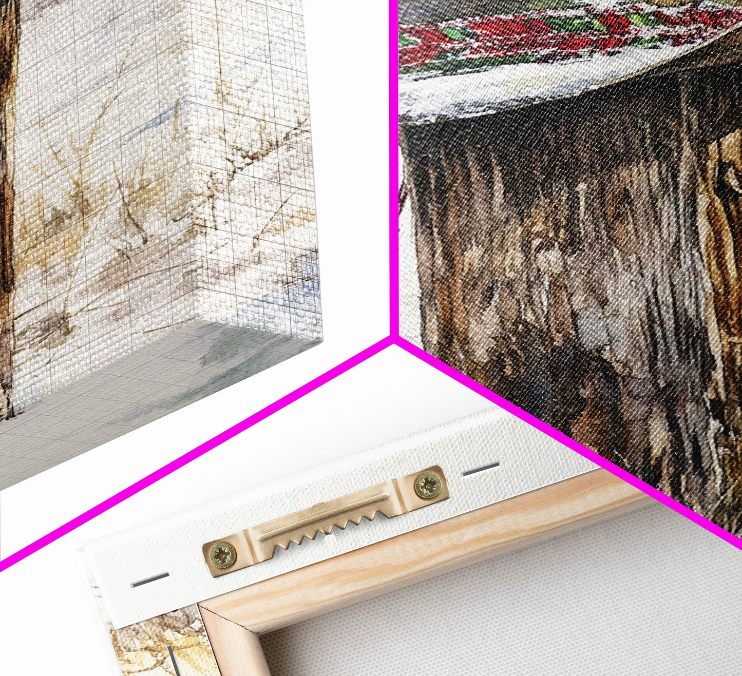 Rustikaler Cowboyhut auf schneebedecktem Pfosten, gerahmter Leinwanddruck, winterliche Western-Dekoration, weihnachtliche Bauernhauskunst, Kunst über dem Sofa in rustikalen Häusern