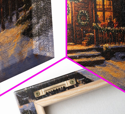 Festive Log Cabin Winter Scene Framed Canvas Print Christmas Wall Art, Rustic Holiday Art, Cozy Christmas Scene, Seasonal Wall Decor Gift