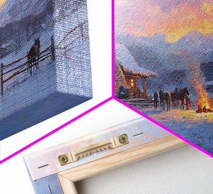 Cozy Snowy Log Cabin Tall Art Framed Canvas Print Winter Home Decor With Warm Fireplace And Horse Rider Under A Beautiful Sunset Scene