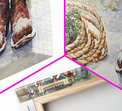 Canvas Print Cowboy Boots with Christmas Wreath and Rope, Rustic Christmas Decor, Winter Western Holiday Art, Farmhouse Wall Print