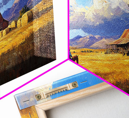 Lone Rider Crossing Golden Fields Tall Art Framed Canvas Print Rustic Cowboy Riding Horse Farmhouse Country Landscape With Cloudy Sky