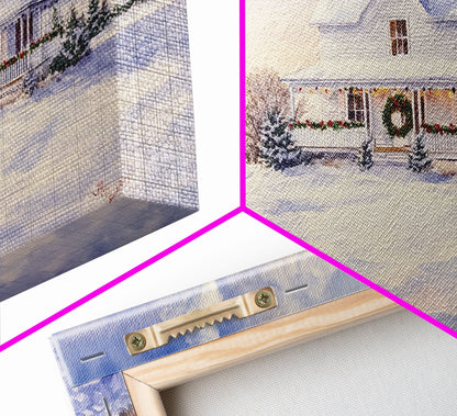 Farmhouse Christmas decor Framed Canvas Print snowy white farmhouse with wreath winter wonderland holiday decor best gift Christmas wall art